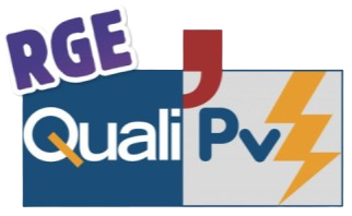 Logo RGE QualiPv avec des accents d'éclairs bleus, rouges et jaunes