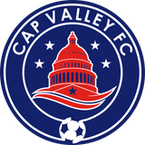 A logo for Cap Valley FC featuring a red Capitol dome, four stars, and a soccer ball on a blue circular background.