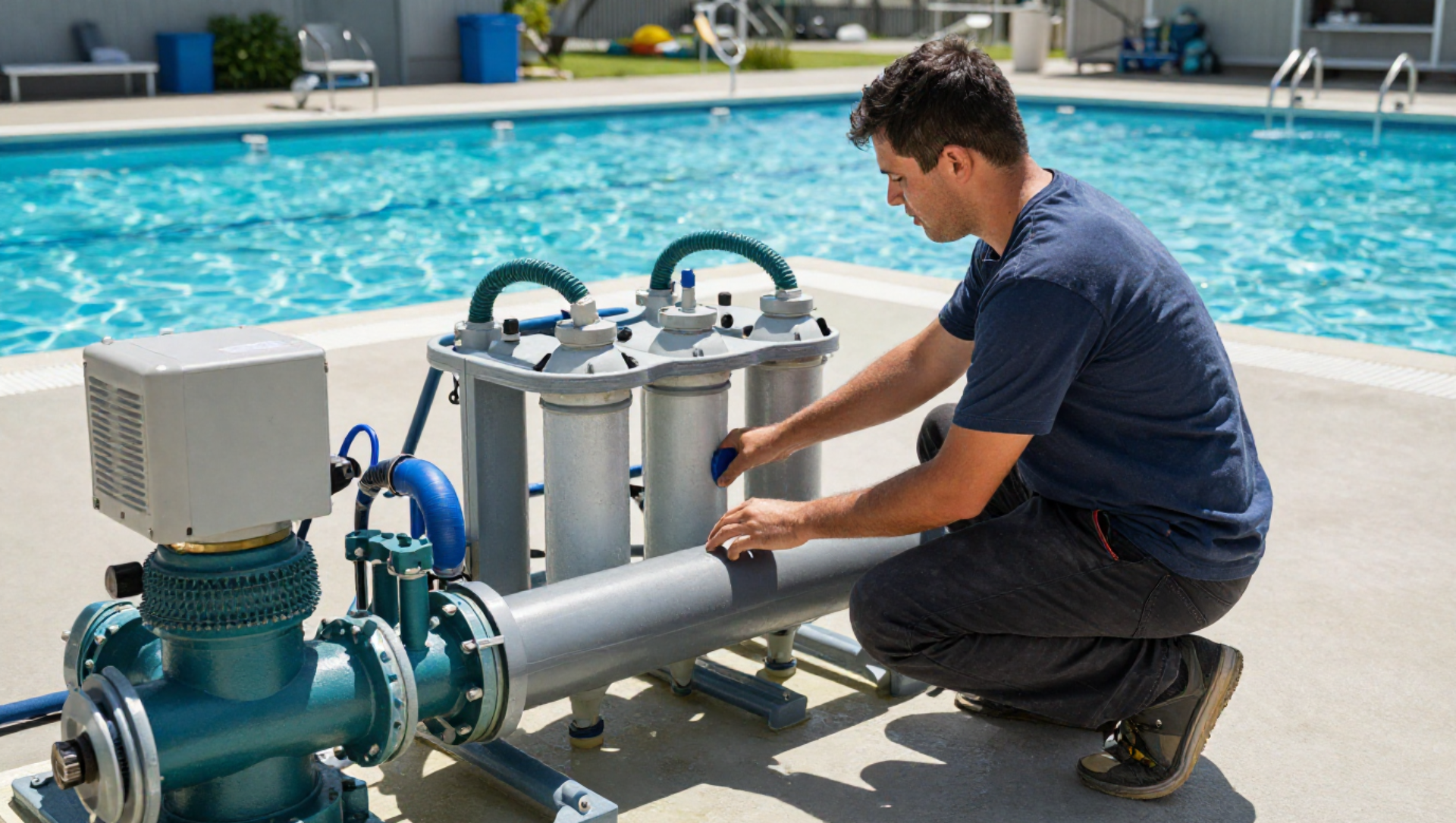 A man is cleaning a swimming pool with a mop.