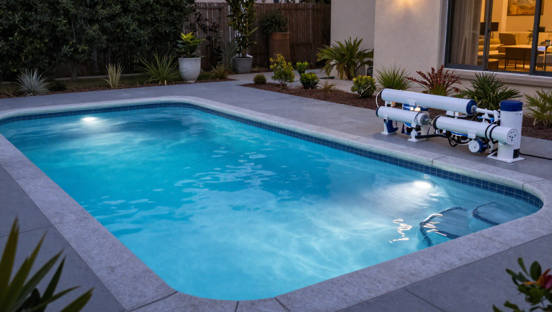 A man is cleaning a swimming pool with a mop.