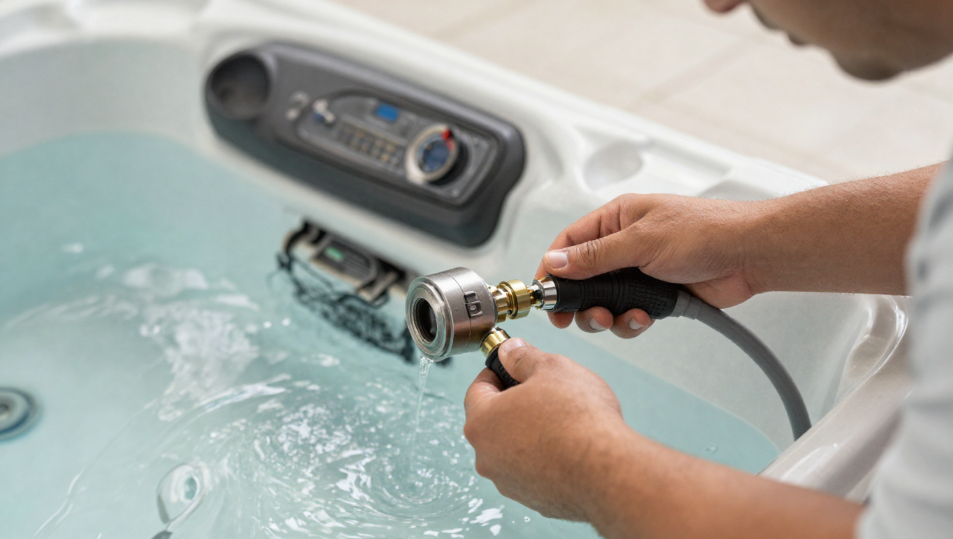 A man is cleaning a swimming pool with a mop.