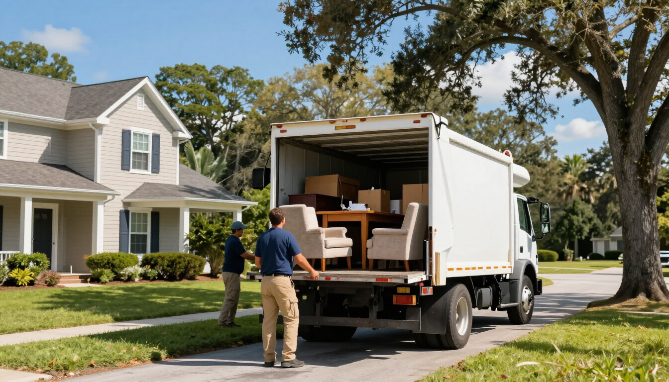 Junk removal truck being loaded with household furniture