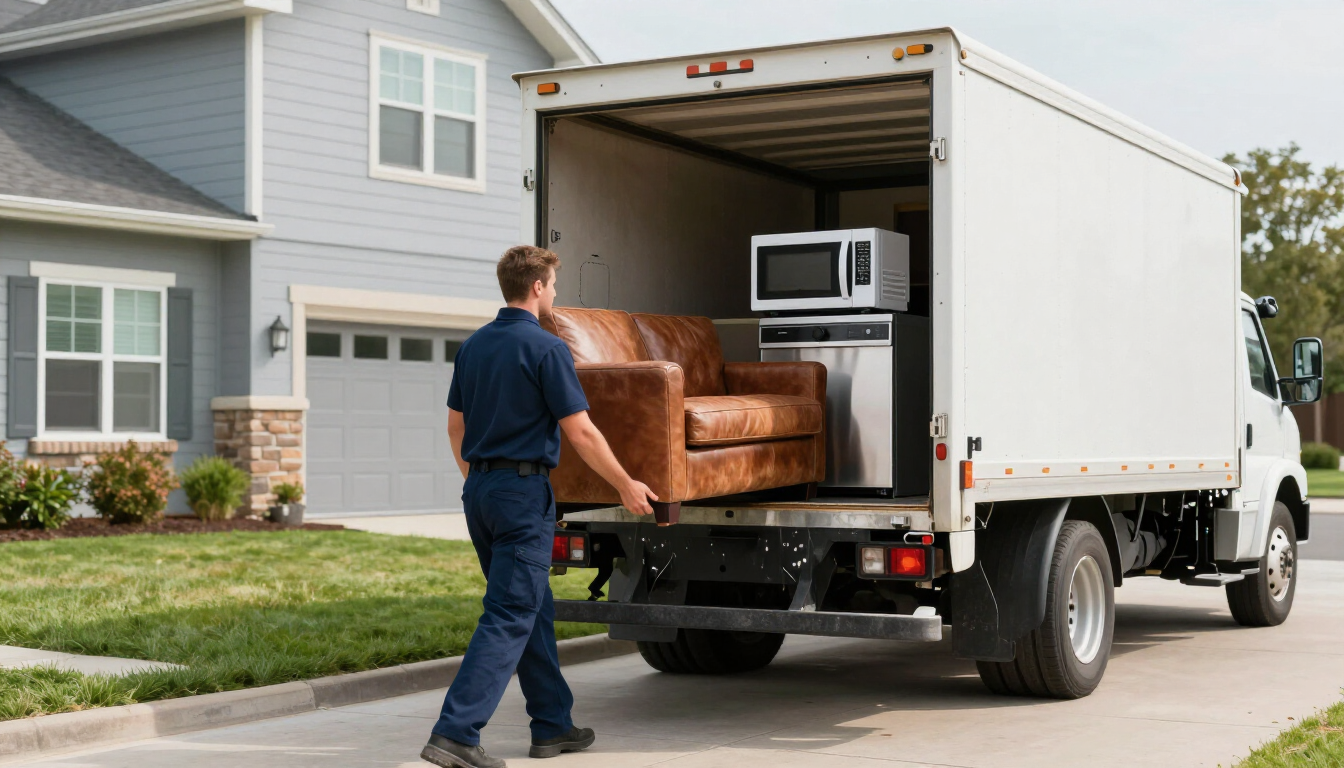 Crew loading couch and appliances onto junk removal truck