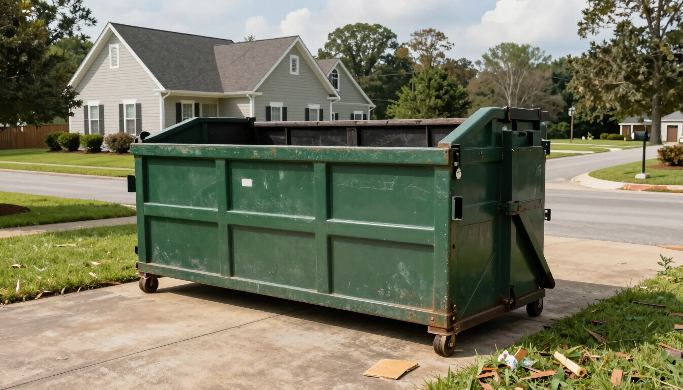 Roll-off dumpster in residential driveway during cleanout