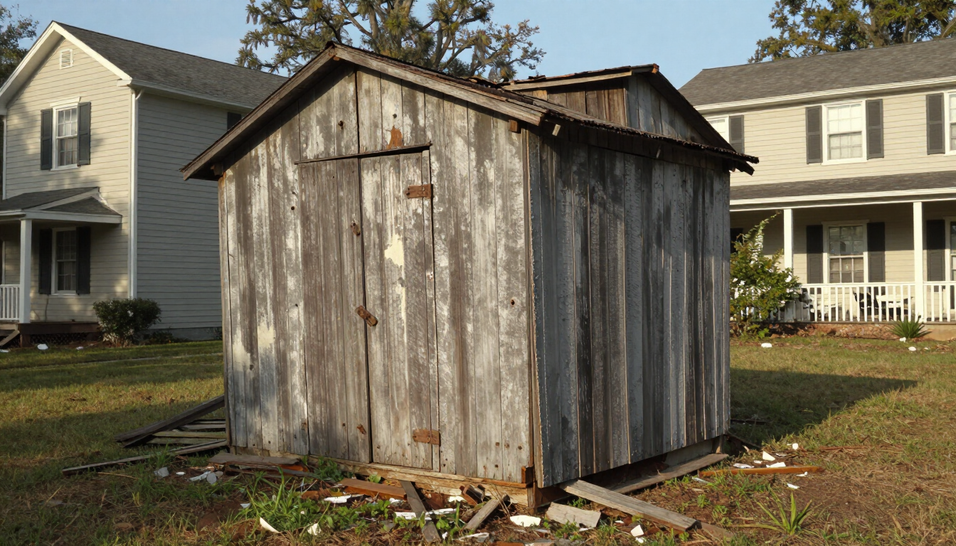 Old weathered wooden shed ready for demolition