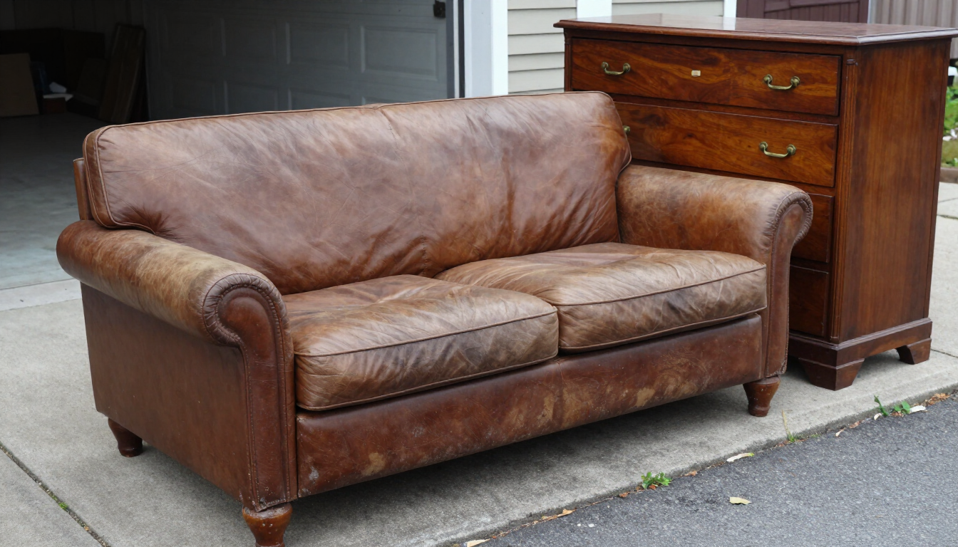 Old couch and dresser staged for furniture removal