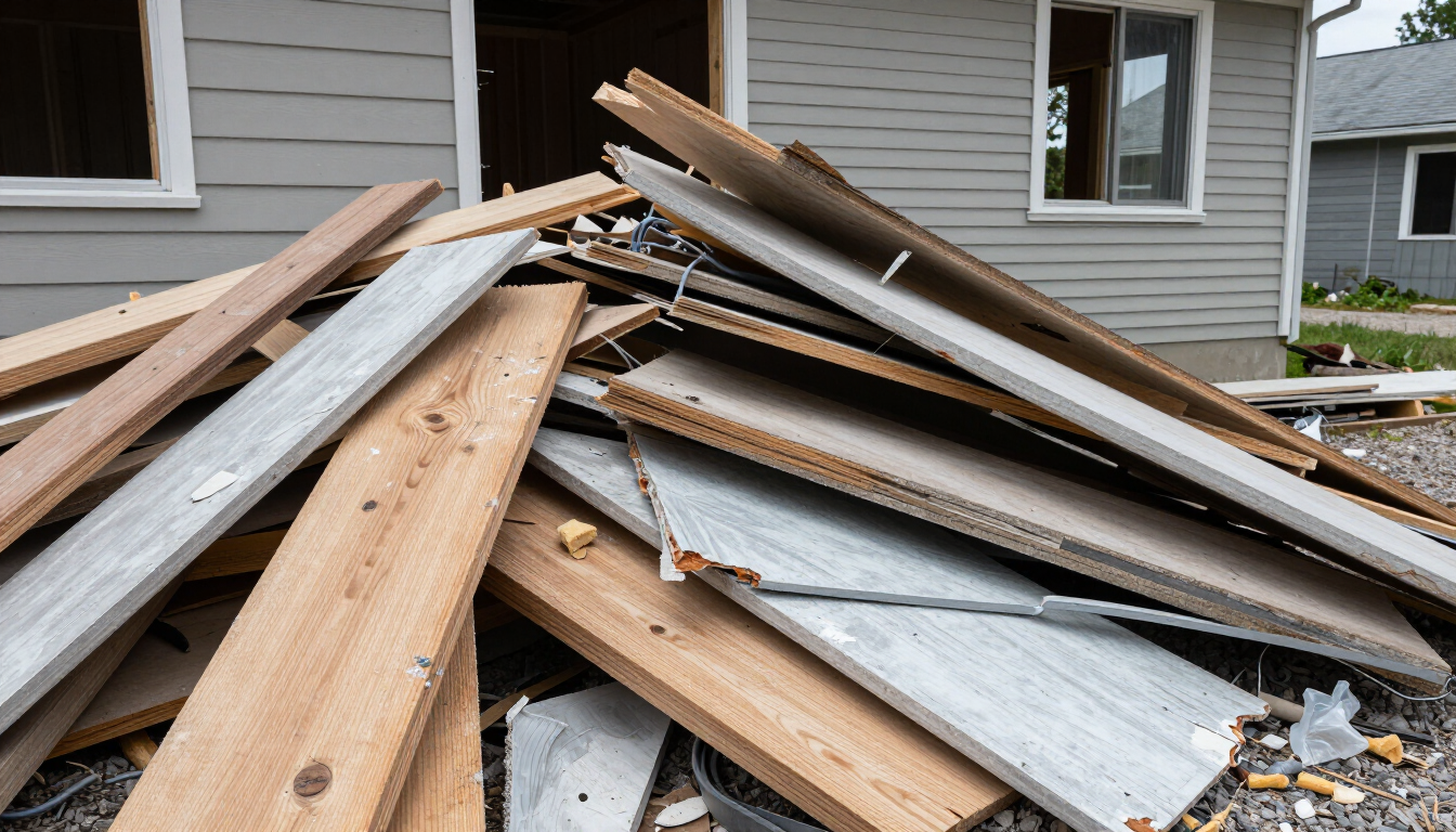 Construction debris piled near a renovation site
