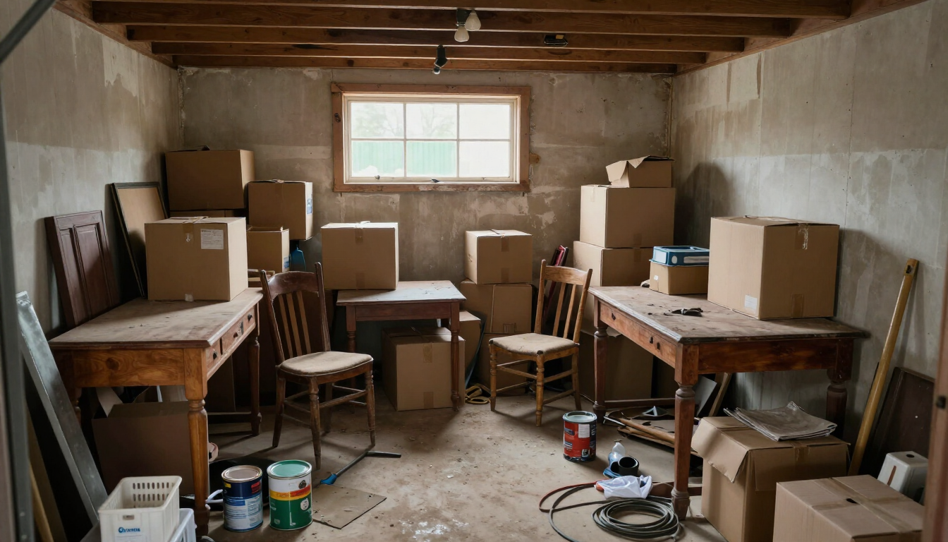 Cluttered residential garage needing cleanout