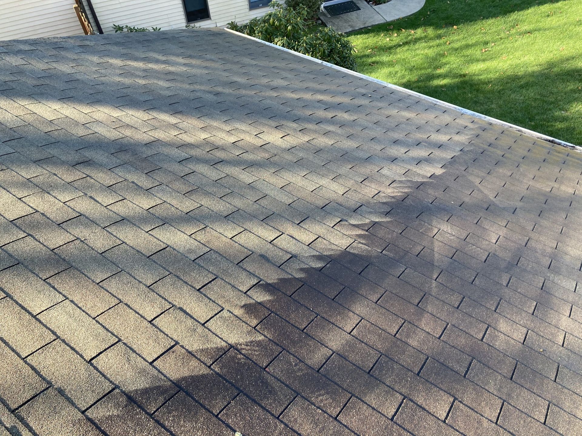 Before & After soft wash roof cleaning.
