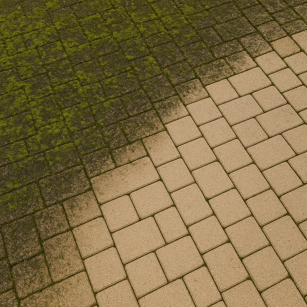 There is a picture of a brick walkway before and after being power washed by