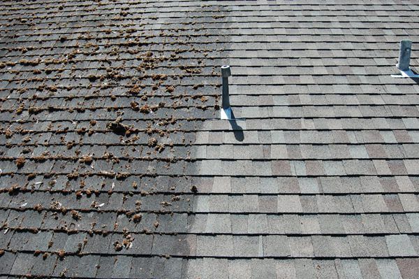 A picture of a roof before and after being cleaned.