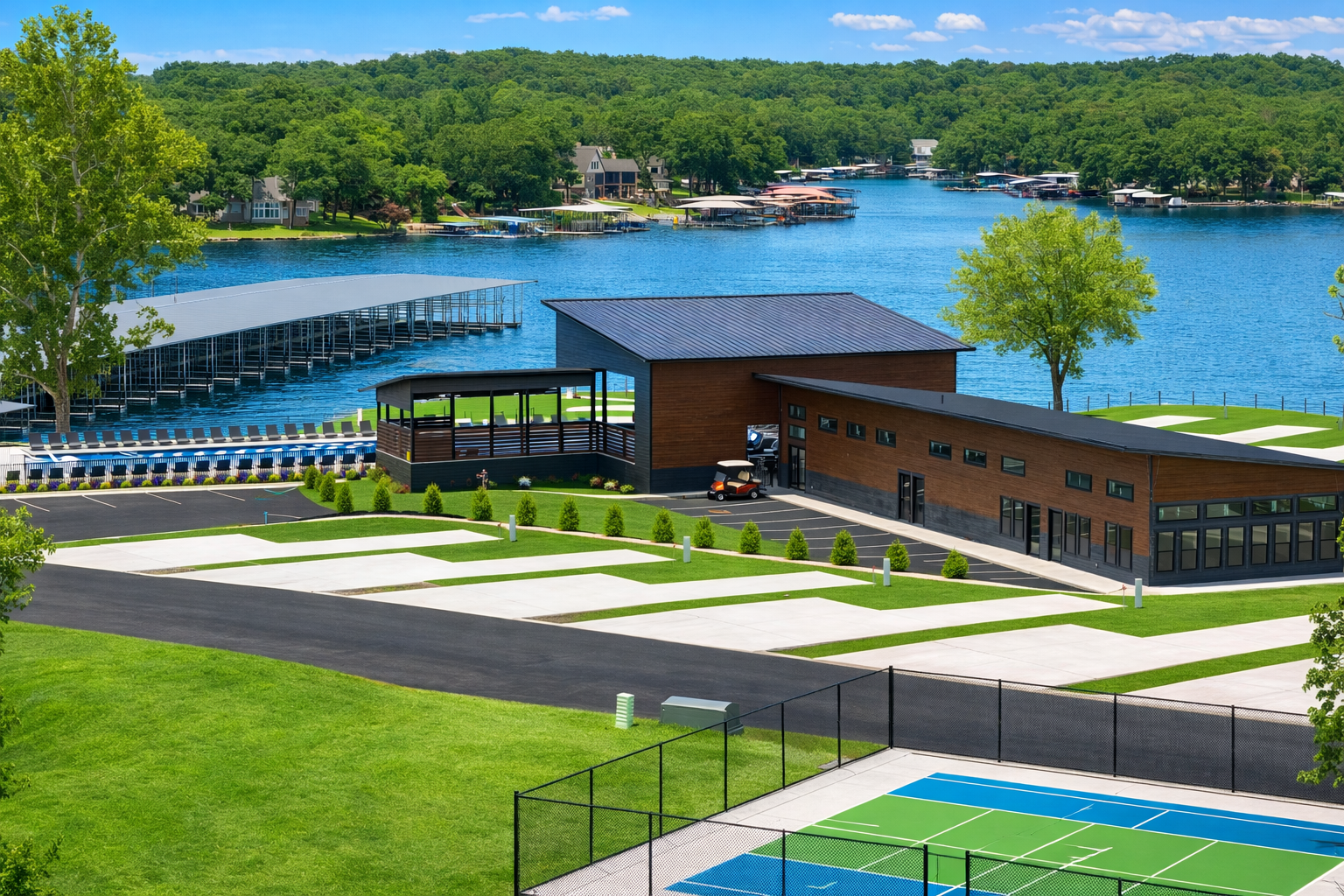 Aerial view of a lakefront RV park with docks, campsites, and trees.