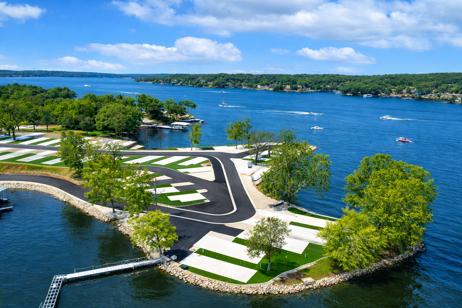 Luxury RV parked at sunset overlooking Lake of the Ozarks Missouri
