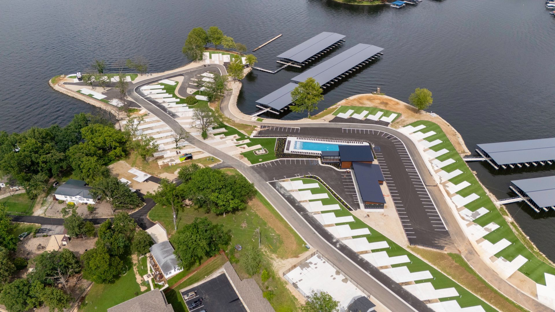 Aerial view of a luxury marina at Lake of the Ozarks during sunset