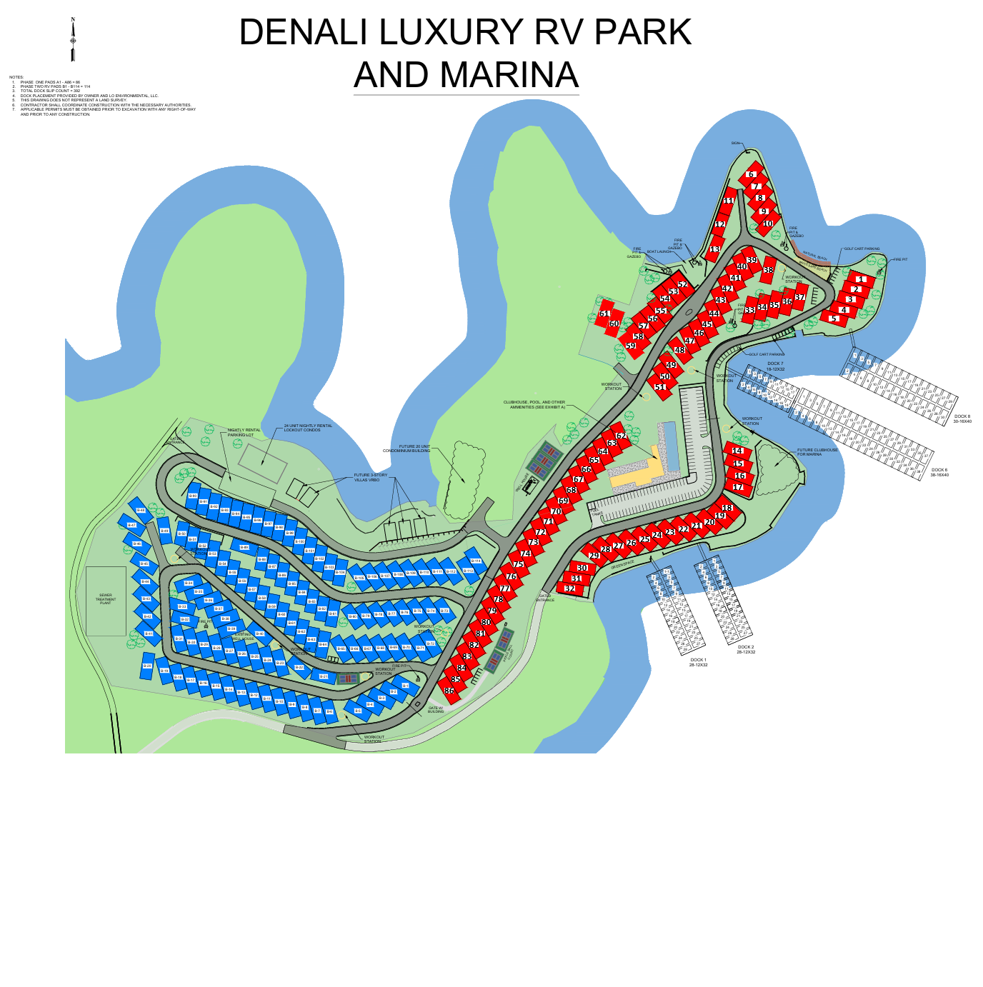 Map of Denali Luxury RV Park and Marina, showing layout with blue and red RV sites adjacent to water and green land.