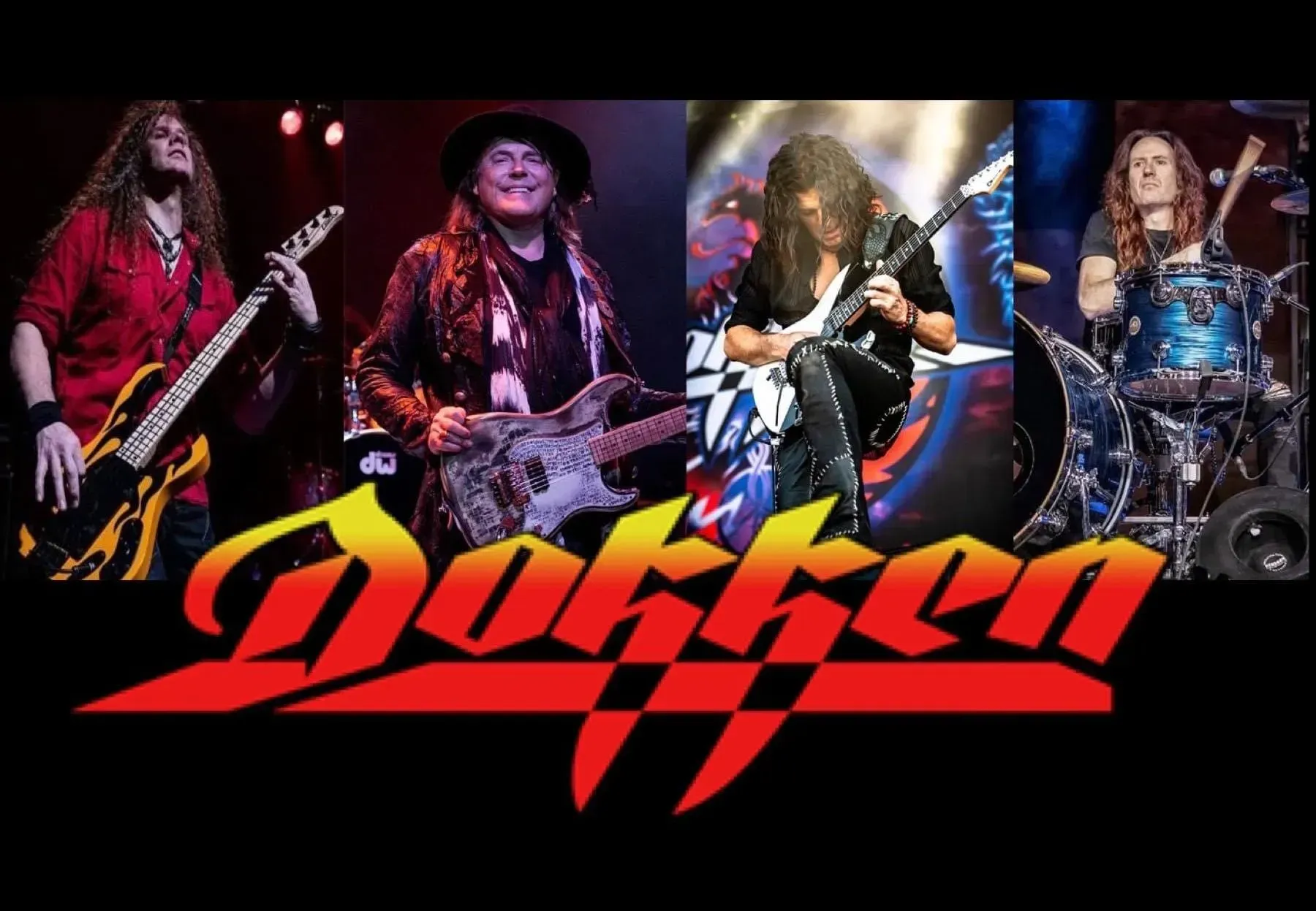 Dokken band members performing live on stage with the band’s logo at the bottom.