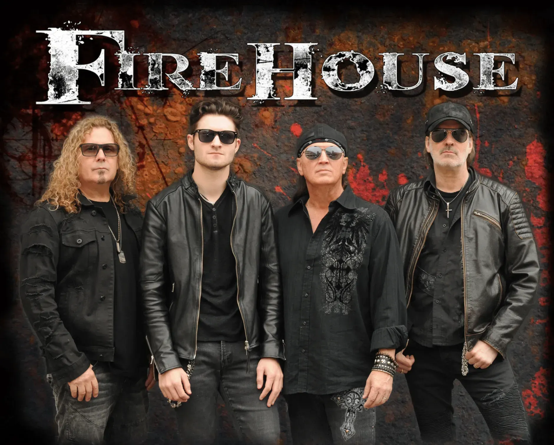 FireHouse band, four men in black leather jackets, sunglasses, and the band's logo above them.