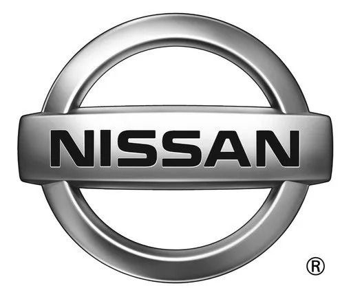 Silver Nissan logo with bold black wordmark inside a chrome ring