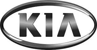 Kia logo in black lettering inside a silver oval emblem