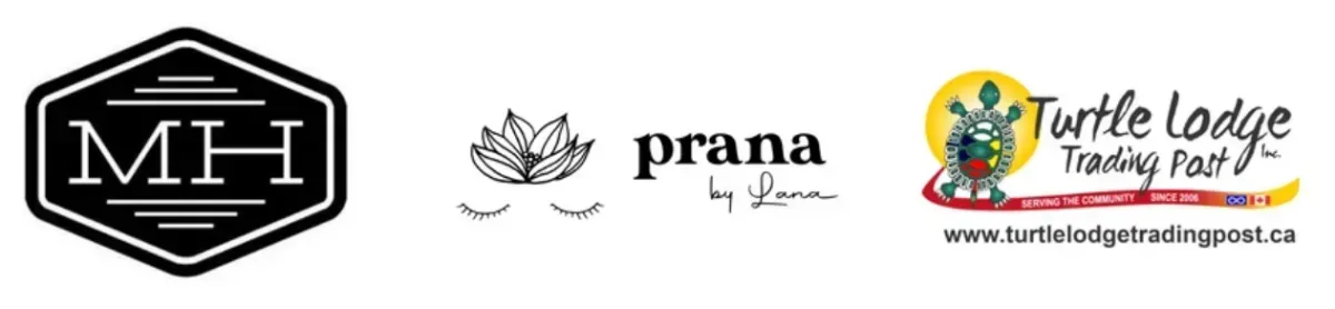 Logos for MH, Prana by Laura, and Turtle Lodge Trading Post.