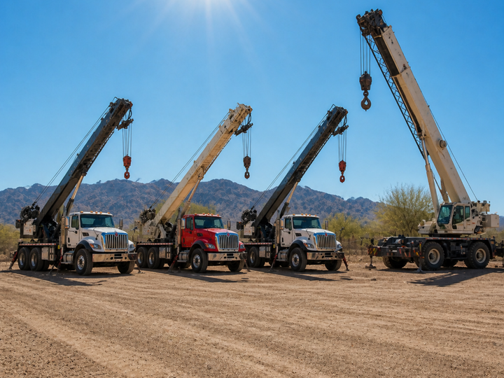 Boom trucks and crane equipment are parked in a dirt lot.
