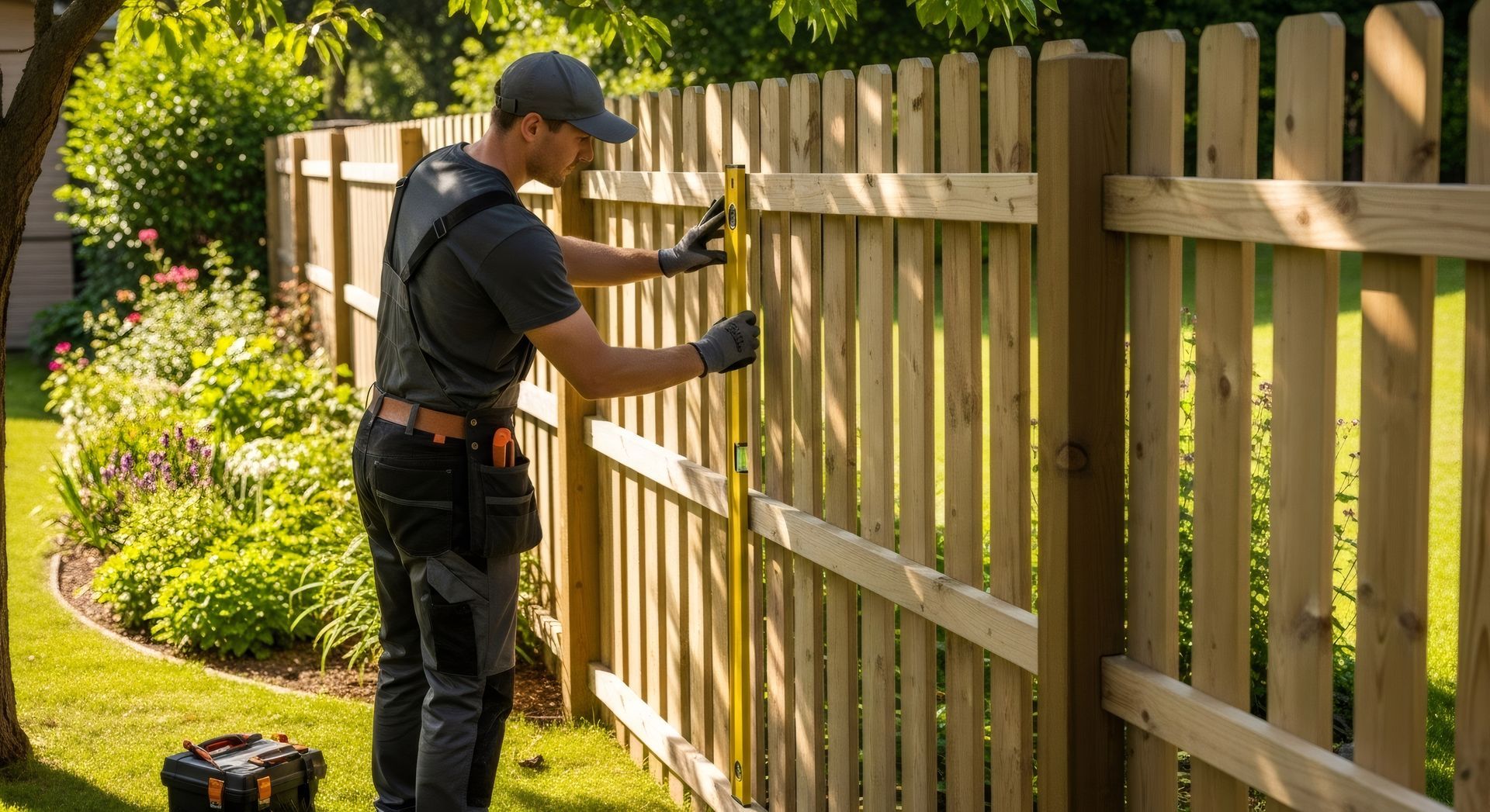 Residential fence contractor measuring and installing a wooden backyard fence. Residential fence contractor measuring and installing a wooden backyard fence.