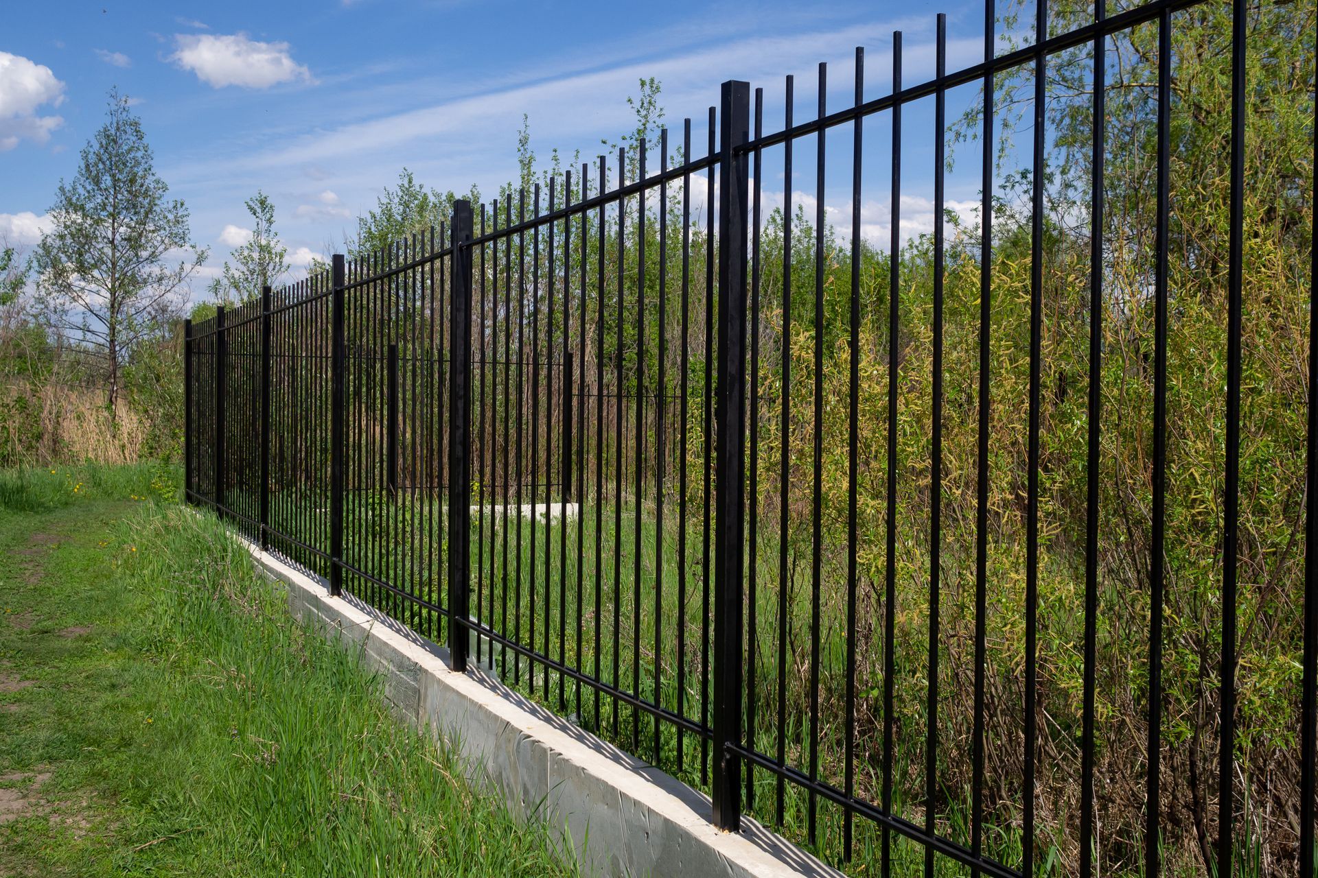 A black metal fence surrounds a grassy field.