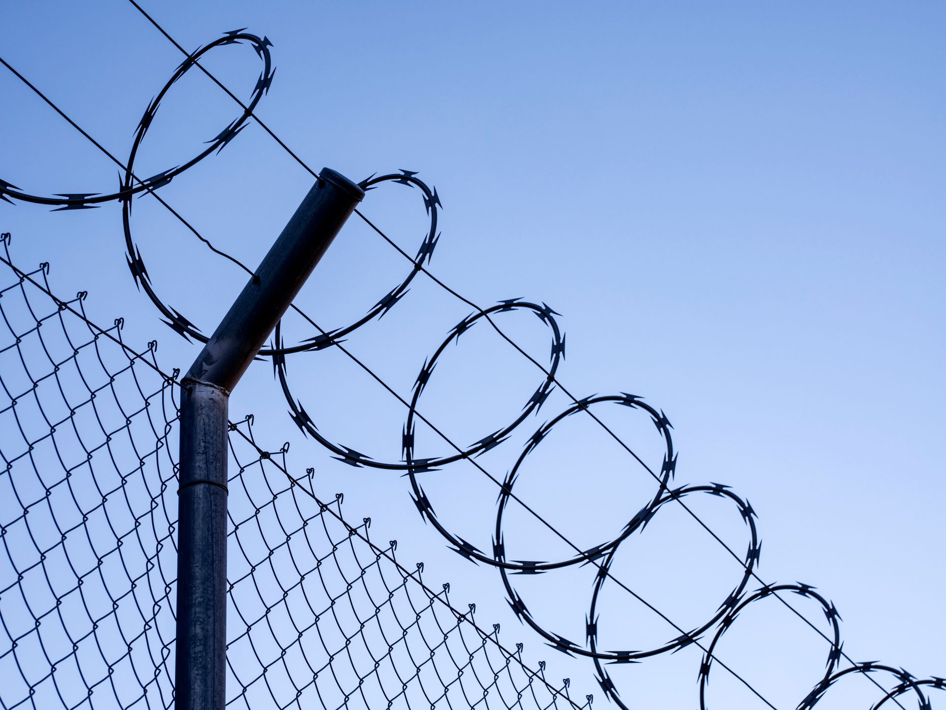 A barbed wire fence with a blue sky in the background