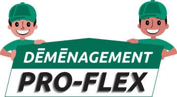 Deux hommes tiennent une pancarte sur laquelle est écrit « déménagement pro-flex »