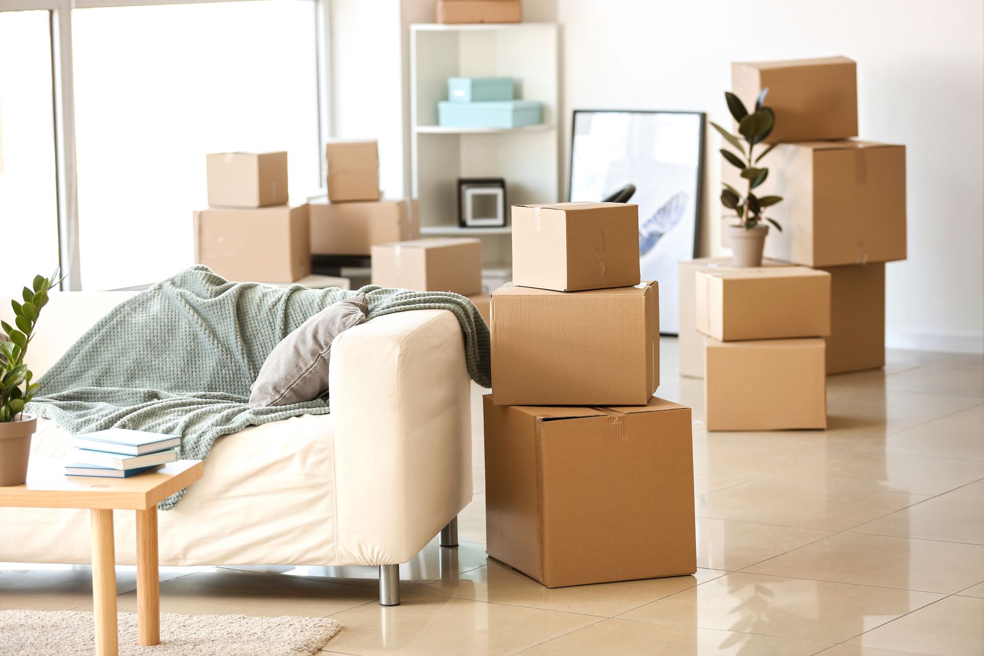 Un salon rempli de cartons et d'un canapé.
