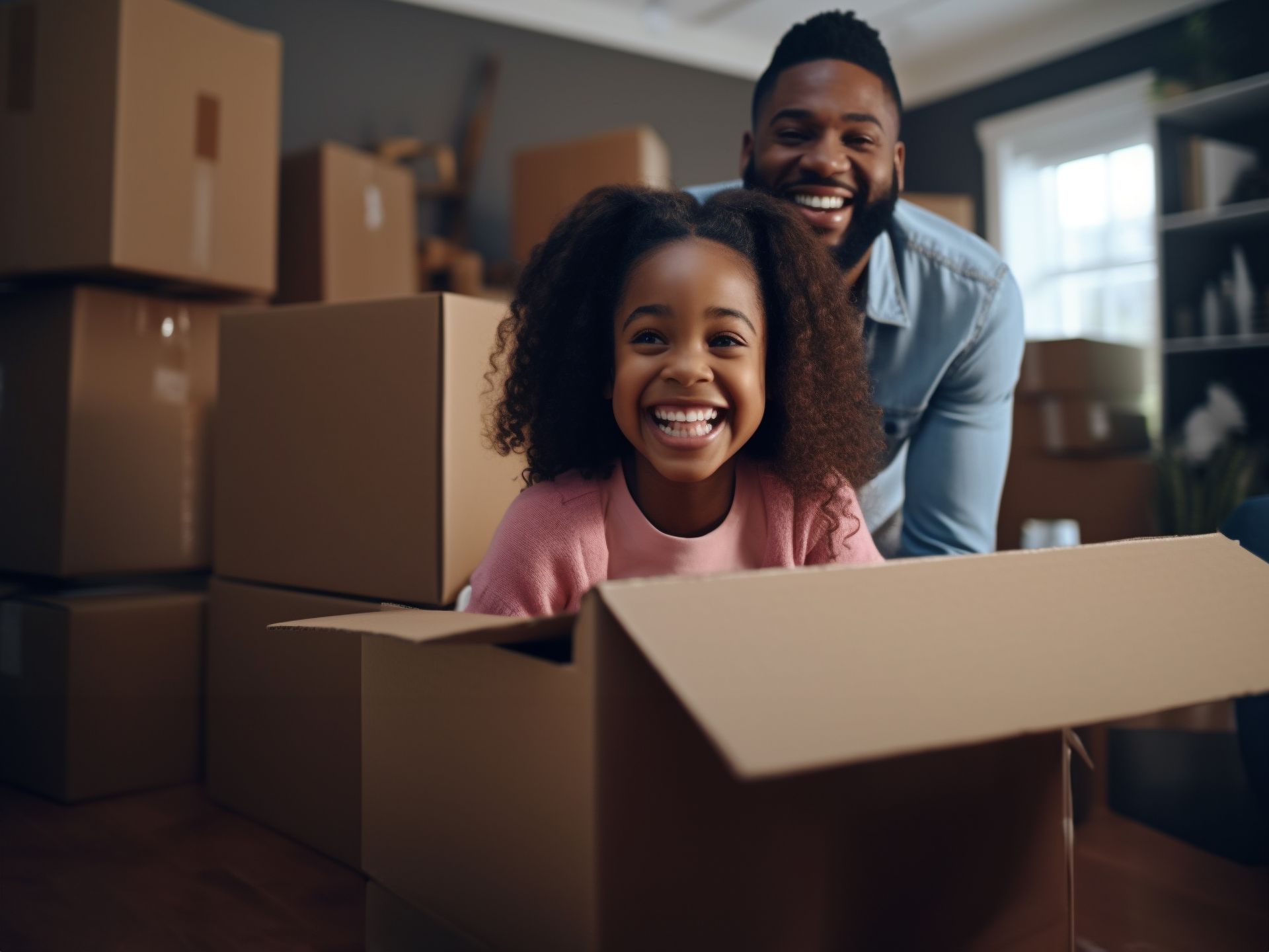 Père et fille rient en se déplaçant, leur fille étant dans un carton. Les cartons remplissent la pièce ; les fenêtres éclairent.