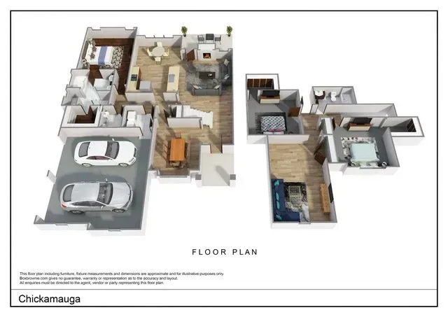A floor plan of a house with a car in the garage