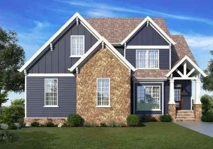 An artist 's impression of a house with blue siding and a brick roof