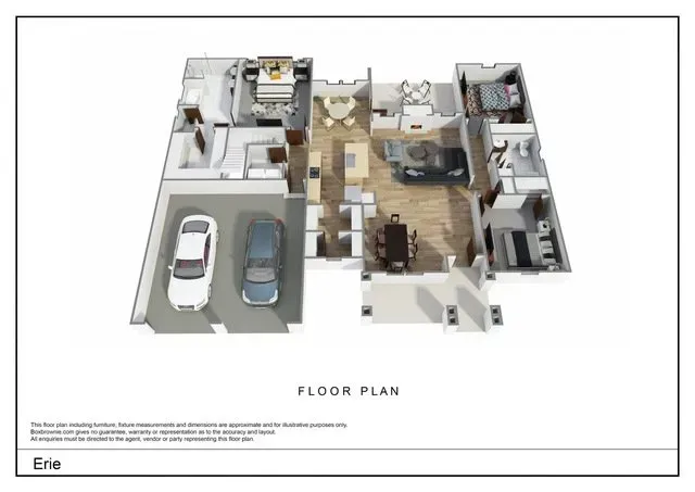 A 3d floor plan of a house with a car in the garage