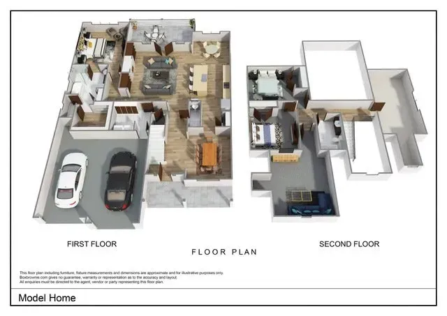 A 3d floor plan of a model home shows the first floor and second floor.