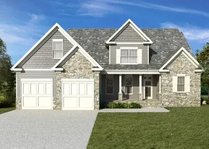 An artist 's impression of a house with two garages and a porch.