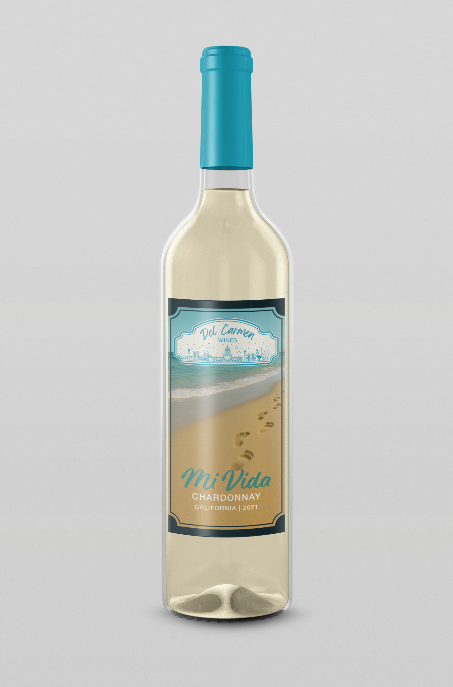 Red wine being poured from a bottle into a branded Del Carmen glass against a solid pink background.