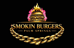 Smokin Burgers Palm Springs logo with gold burger, flaming top, and gold chain on black background