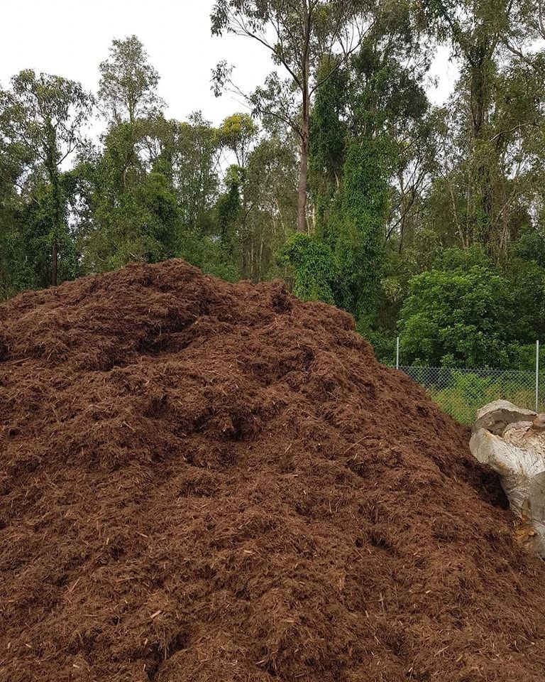 Large pile of dark brown mulch in front of a forest - Palms Landscape Supplies in Forster, NSW