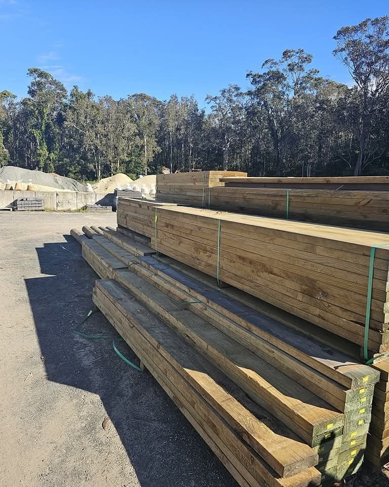 Stacks of lumber outdoors, light brown wood - Palms Landscape Supplies in Forster, NSW