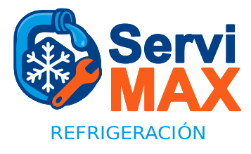Logo for ServiMAX Refrigeración: Blue water/snowflake/wrench graphic, blue