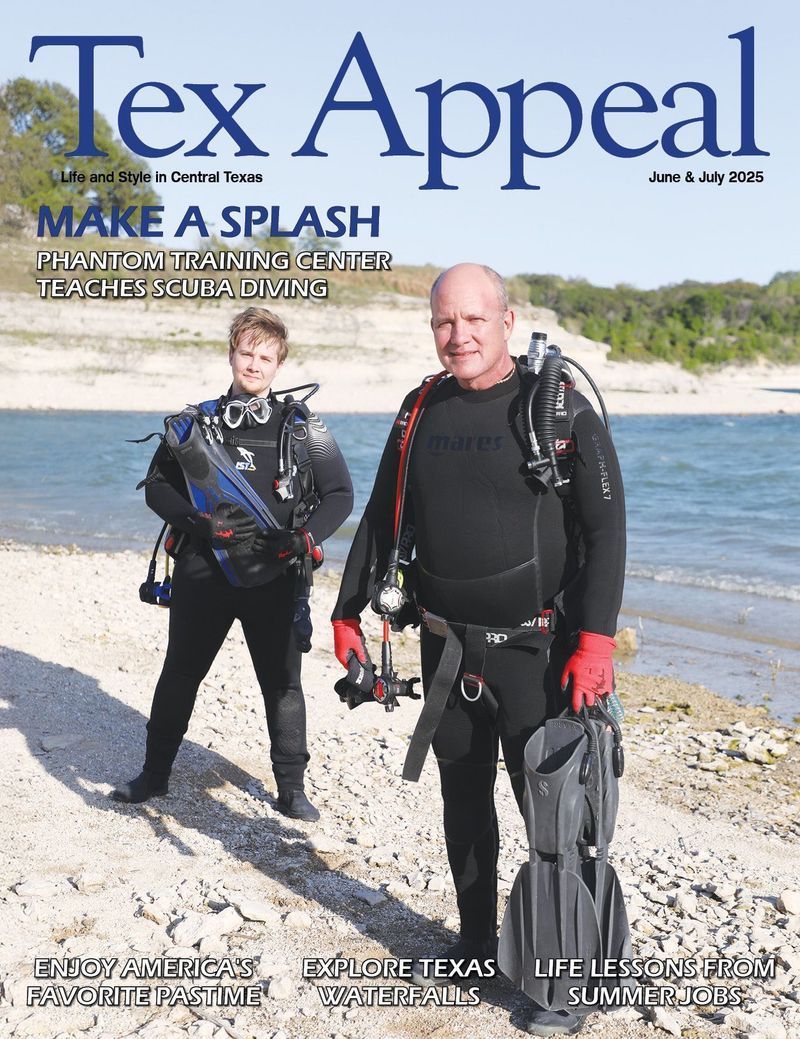 Two scuba divers on shore; Tex Appeal magazine cover.