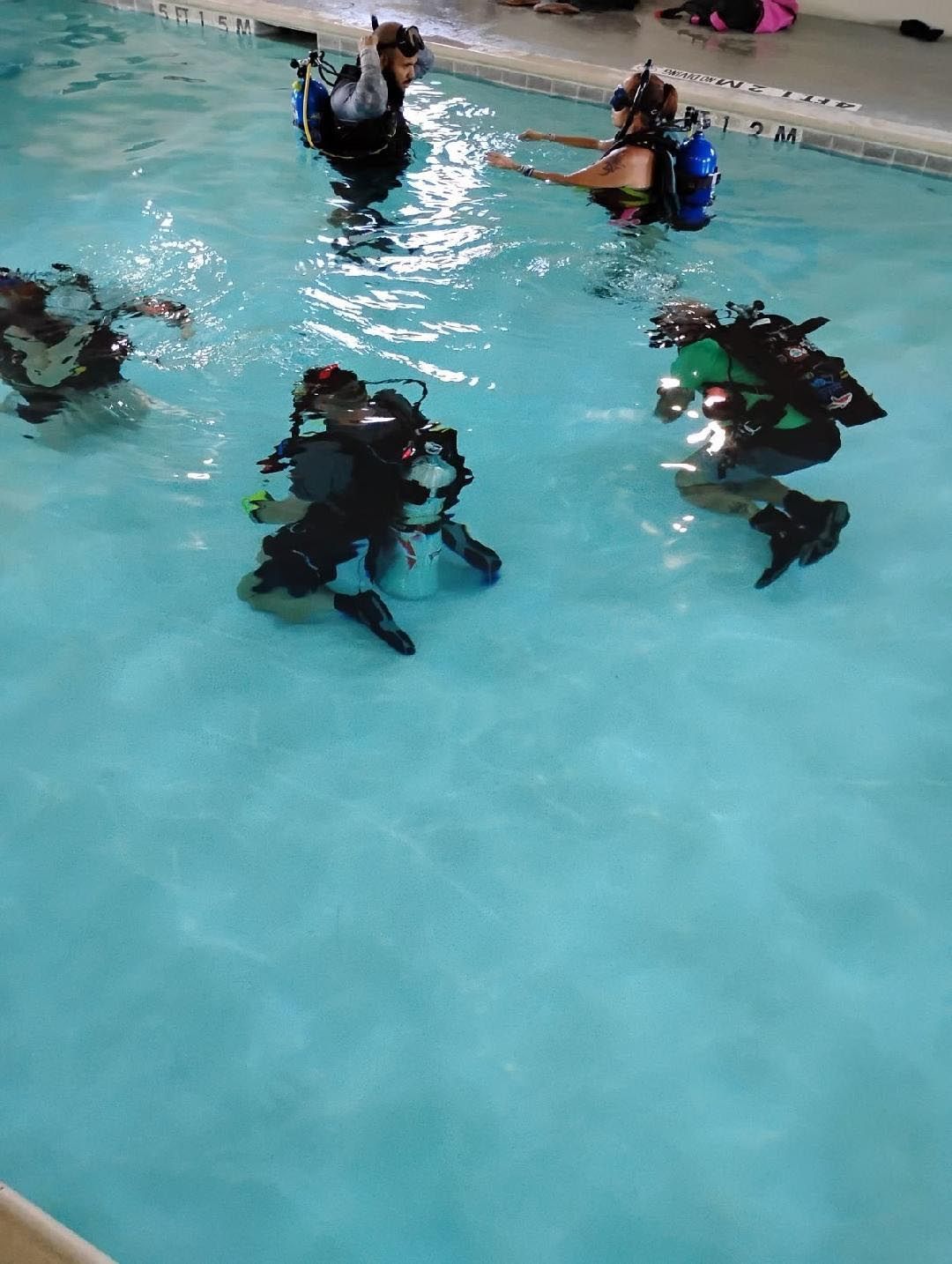People in scuba gear in a pool, practicing diving techniques. Blue water, sunny reflections.