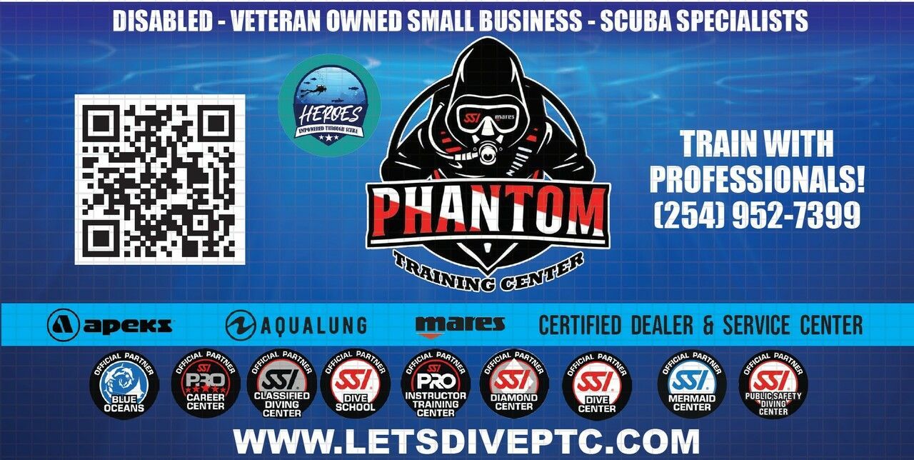 Scuba diving business advertisement with logo, QR code, and contact information.