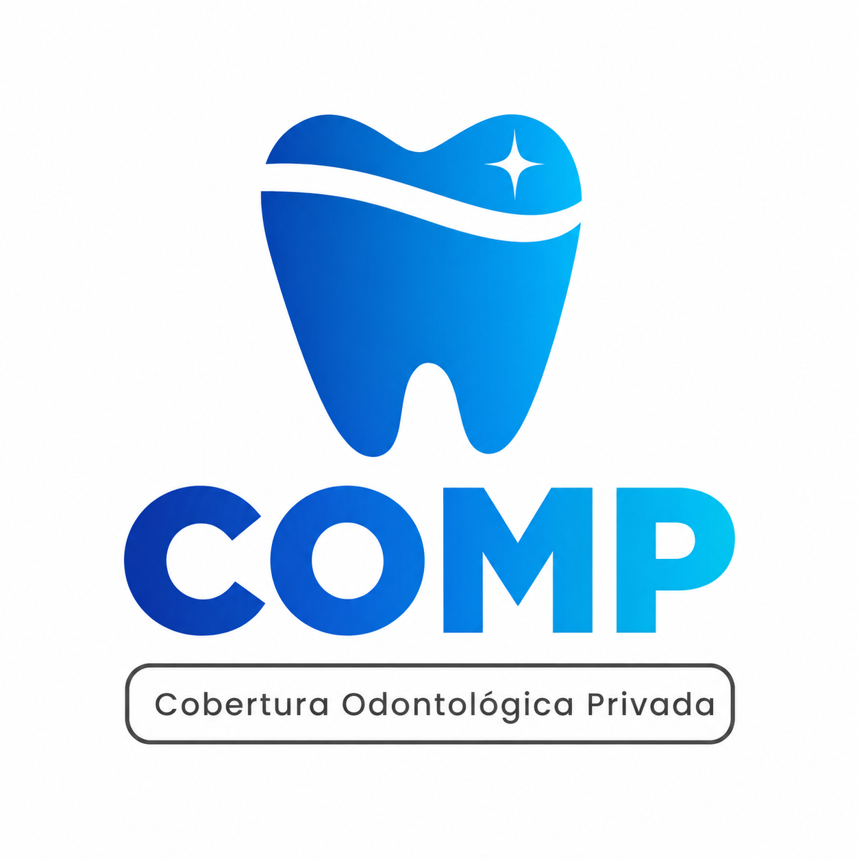 Logotipo de COMP Odontologia Privada con un icono de diente azul y texto azul sobre fondo blanco.