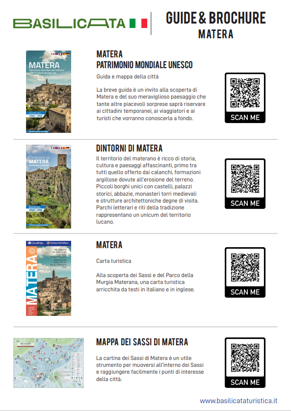 Brochure su Matera, Italia, con copertine e codici QR.