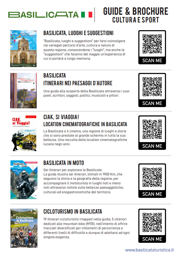 Guida e brochure sulla cultura e lo sport in Basilicata, Italia con codici QR.