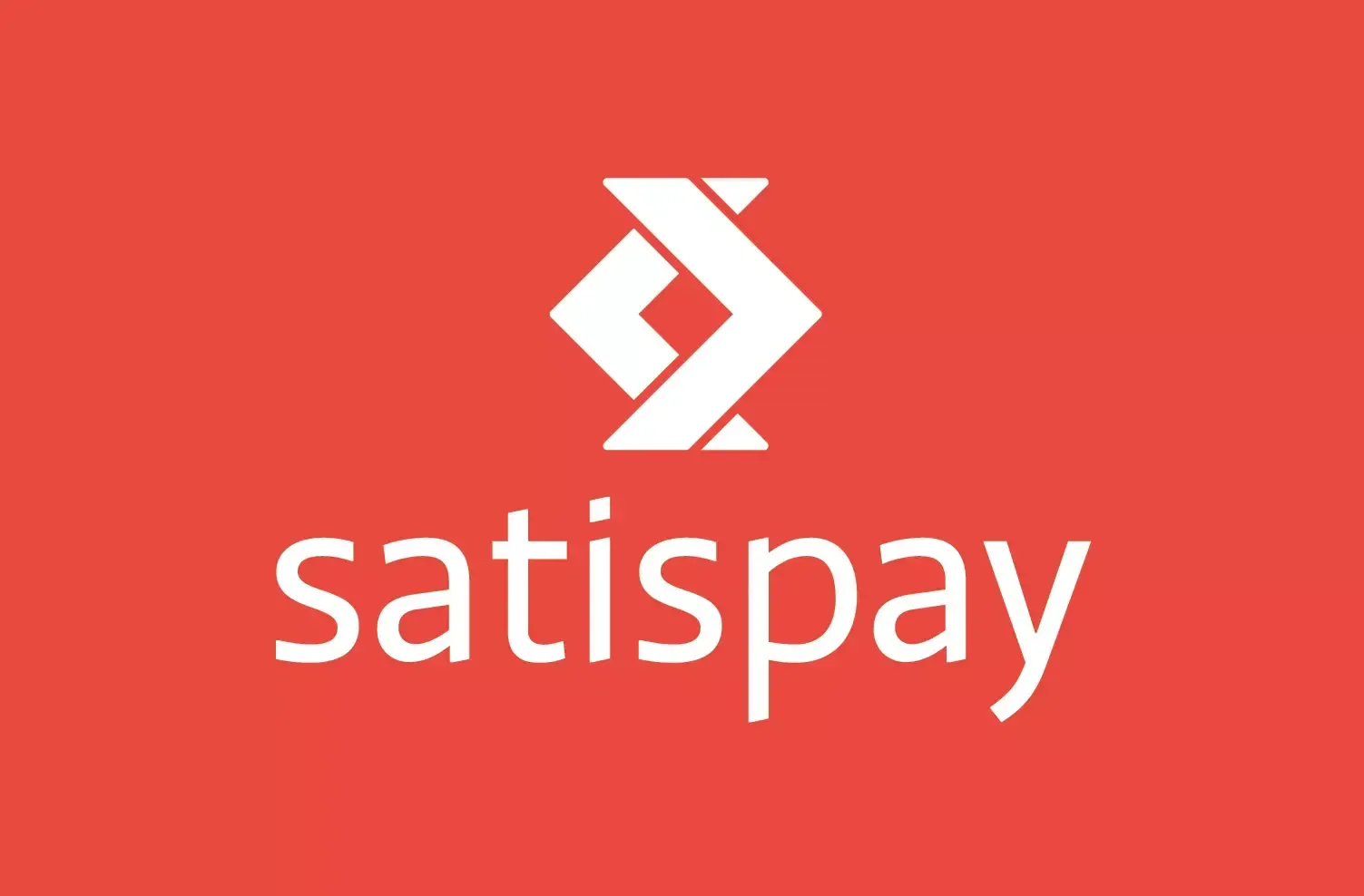 Logo Satispay: marchio bianco su sfondo rosso con simbolo astratto intrecciato sopra.