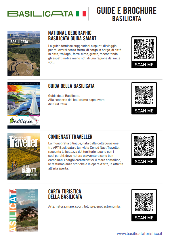 Brochure con guide per la regione Basilicata: National Geographic, Guida della Basilicata e Condé Nast Traveller.