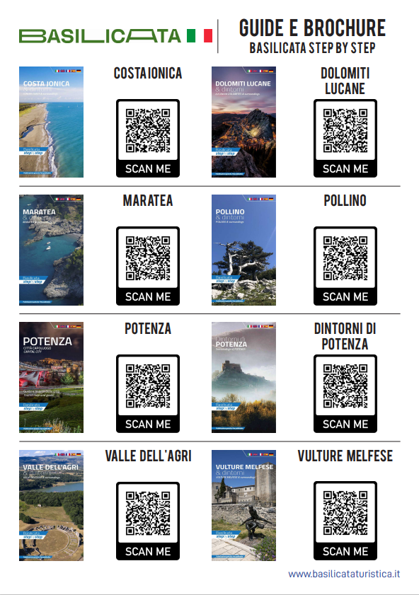 Brochure guida della Basilicata, Italia con codici QR per ogni regione.